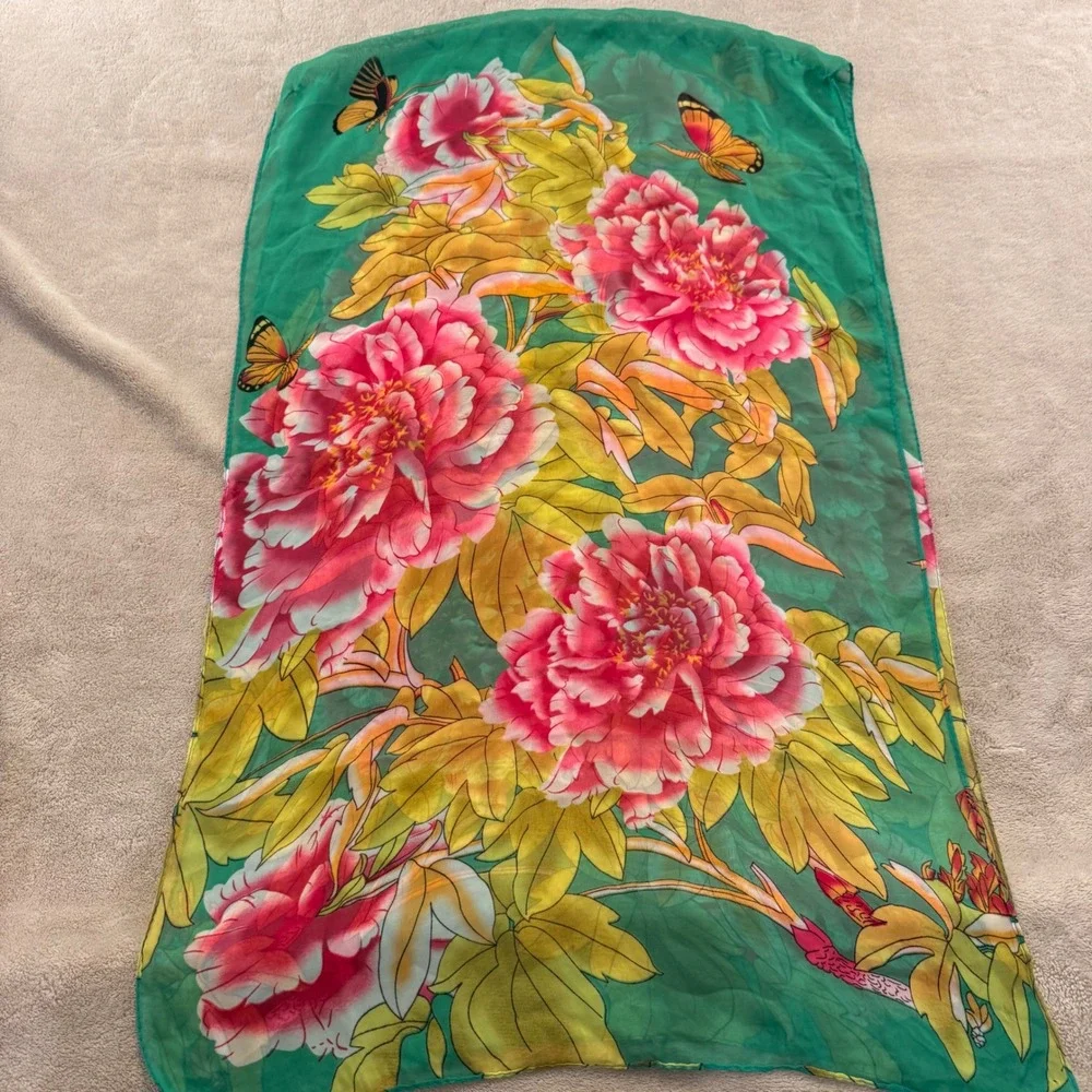 Bold Floral Peony 60x18 Scarf Green Pink Butterfly Boho Coastal‎ Resort Beach
